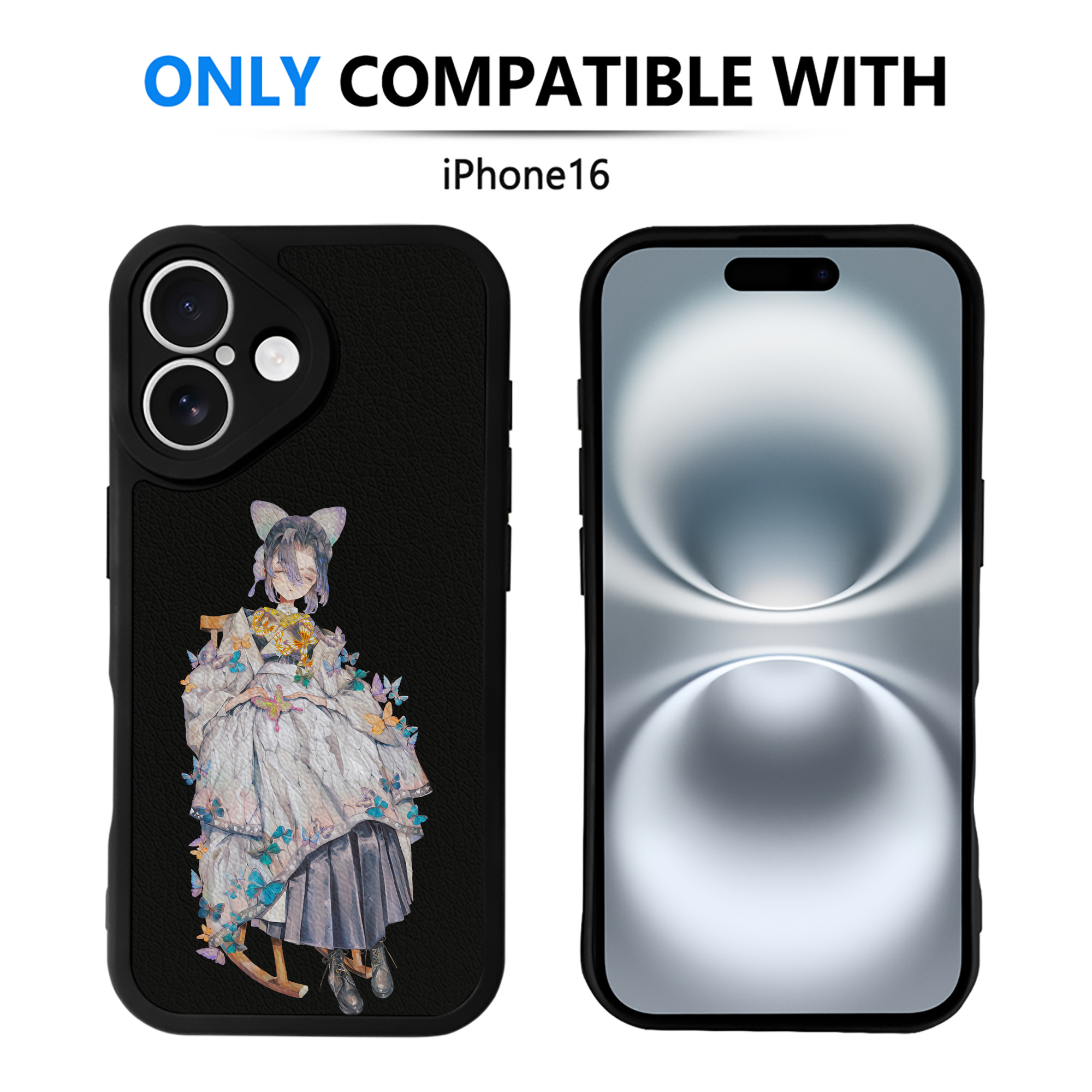 （画像用） 鬼滅の刃（きめつのやいば）蟲柱-胡蝶 しのぶ／こちょう しのぶ Kochou Shinobu 【iPhone 16シリーズ対応】シリコンスマホケース（レザー調） 材質：シリコン